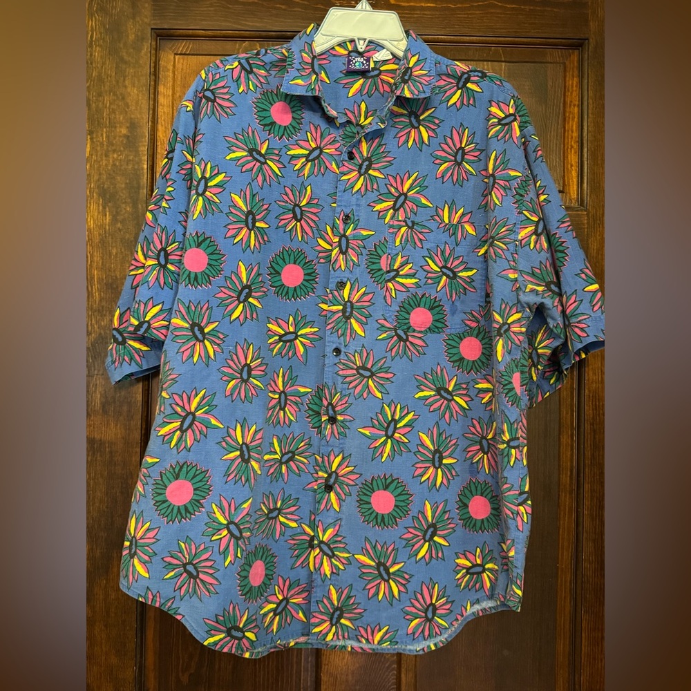 Vintage 90’s Pro Spirit Men's Floral Hawaiian Blue Pink Yellow Button Up Shirt L